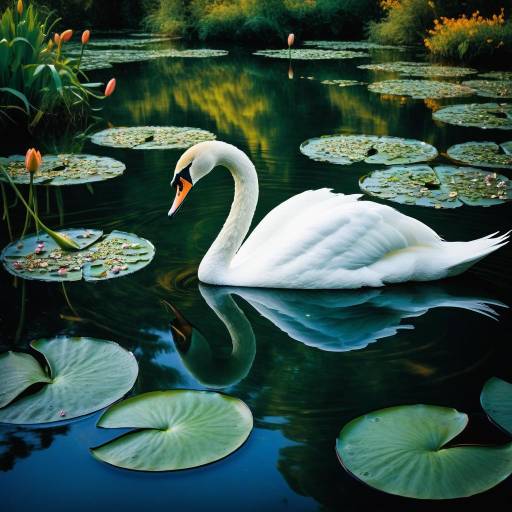 Mystical Lily Pond with Graceful Swan Mystical Lily Pond with Graceful Swan