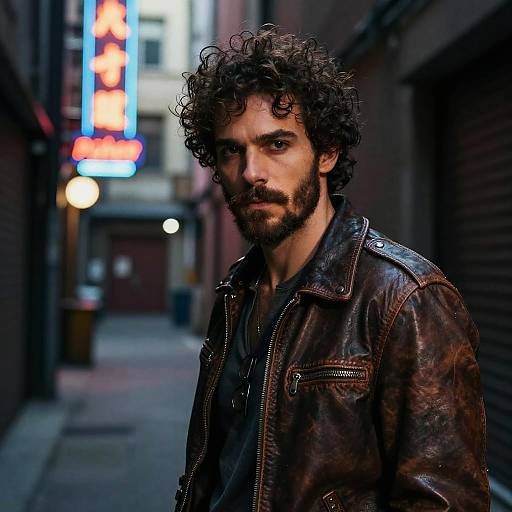 Intense Curly-Haired Man in Alley