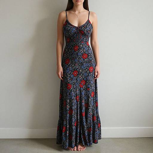 Photograph of a woman with long black hair wearing a sleeveless, dark blue floral dress with red flowers, standing against a plain white wall and gray