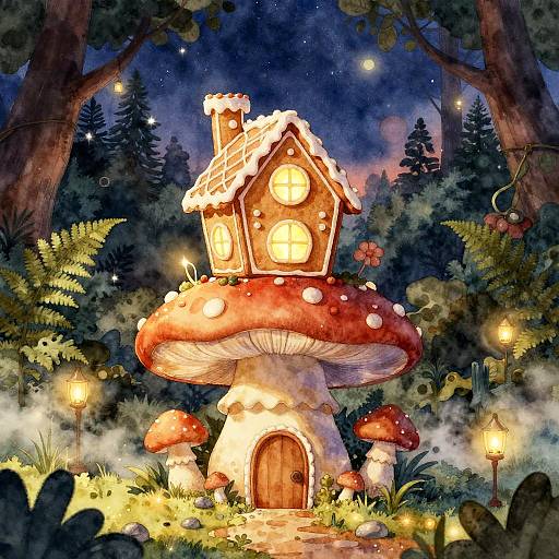 Whimsical watercolor of a fairy-tale mushroom house with glowing windows, nestled in a magical forest under a starry night sky.