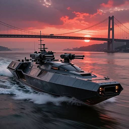 Futuristic Armored Gunboat at Sunset
