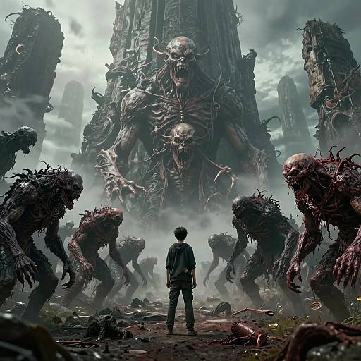 Digital artwork of a small, silhouetted human facing towering, grotesque, tentacled monsters in a foggy, ruined cityscape with