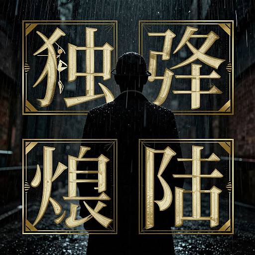 Silhouetted figure in rain, facing illuminated Japanese characters in gold, against dark, rainy alley background; dramatic, cinematic style.