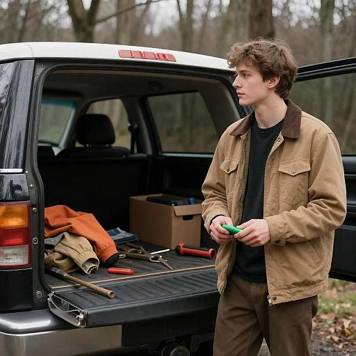 Young Man Beside Open Truck Bed