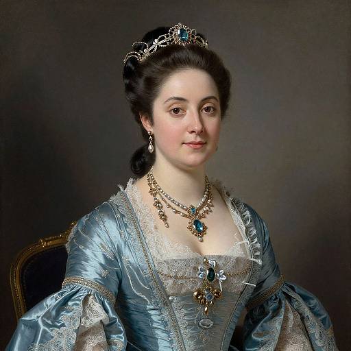 Photorealistic painting of a 18th-century aristocratic woman with pale skin, dark hair in an updo, wearing a blue satin gown,