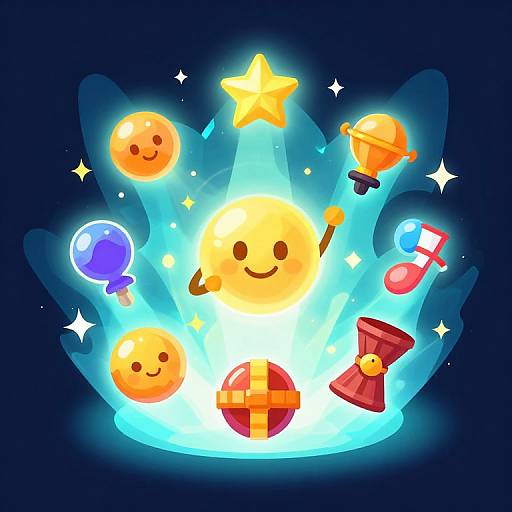 Digital cartoon image of a glowing yellow sun with smiley face, surrounded by colorful celestial objects: star, moon, bulb, balloon, globe, gift