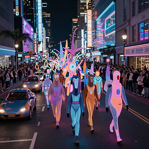 Neon-lit parade in a bustling city street at night, featuring glowing, illuminated performers in colorful, futuristic outfits, surrounded by cheering crowds and vibrant