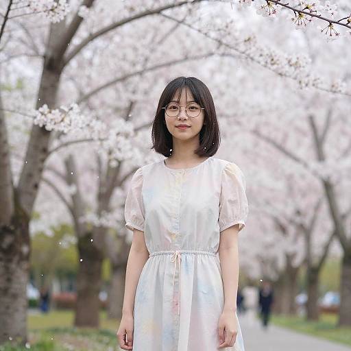 Asian Girl in Cherry Blossom Garden