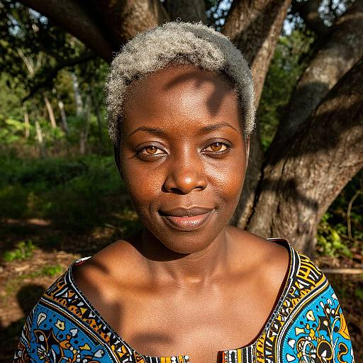Photograph of a smiling African woman with short, curly gray hair, wearing a colorful, patterned blue and yellow top, standing in a sunlit