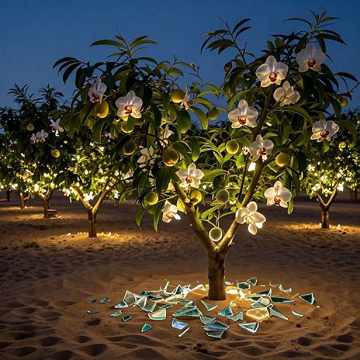Photograph of a glowing orchard at dusk, featuring illuminated white orchids, surrounded by glass shards on sandy ground, against a deep blue sky.