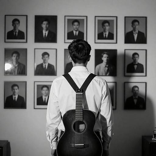 Man with Guitar Facing Photo Wall