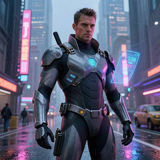 Photorealistic CGI of a muscular, white male superhero in metallic armor with glowing blue accents, standing in a rainy, neon-lit city street.
