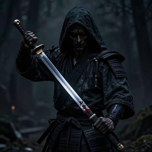 Mysterious samurai in dark hooded armor holds glowing katana in foggy forest; intense blue lighting highlights sword's blade. Photorealistic CGI