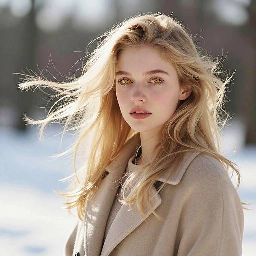 Photograph of a beautiful blonde woman with long, wind-swept hair, wearing a beige coat, standing in a snowy, sunlit forest.