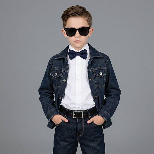 Photograph of a young boy with short brown hair, black sunglasses, dark denim jacket, white shirt, black bow tie, and jeans, standing against