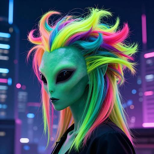 Digital art of a neon green-skinned alien with vibrant rainbow hair, black sunglasses, in a futuristic cityscape with neon lights.