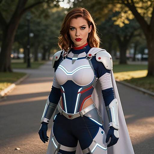 Photorealistic CGI of a red-haired woman in futuristic white and blue armored suit with glowing lines, standing confidently on a sunlit park pathway.
