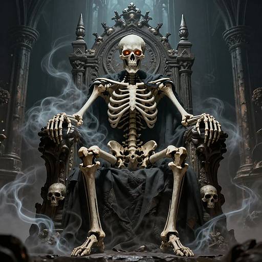 Digital illustration of a skeletal figure seated on an ornate, black throne, surrounded by smoke, with multiple skulls at its feet in a dark, go