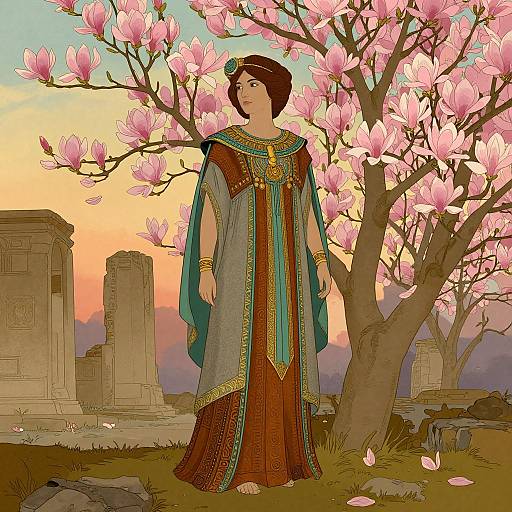 Digital illustration of a woman in ancient Egyptian attire, standing under a blooming magnolia tree with ruins in the background.