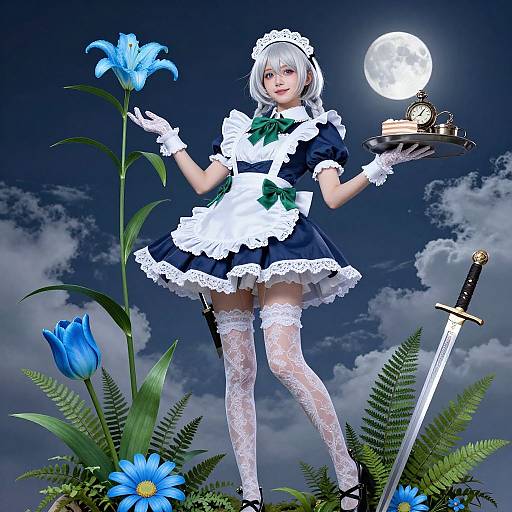 Digital artwork of a blue-eyed, white-haired maid in a dark navy dress with white lace, holding a tray and flower under a full moon, with