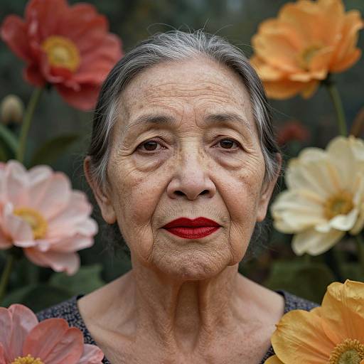Photograph of an elderly Asian woman with gray hair, red lipstick, and wrinkled skin, surrounded by colorful flowers in a garden.