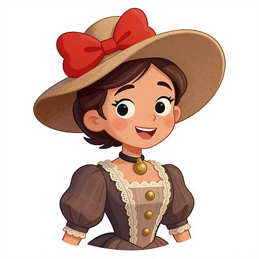 Cartoon-style drawing of a smiling girl with short brown hair, wearing a wide-brimmed beige hat with a large red bow, a black dress