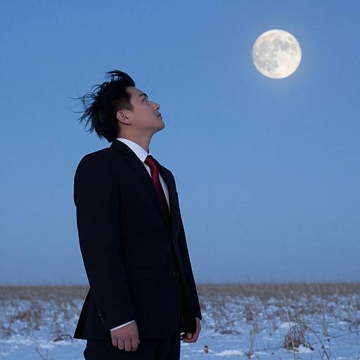 Photograph: Asian man in black suit and red tie, looking up at full moon, blue sky, snowy field, wind blowing his black hair.