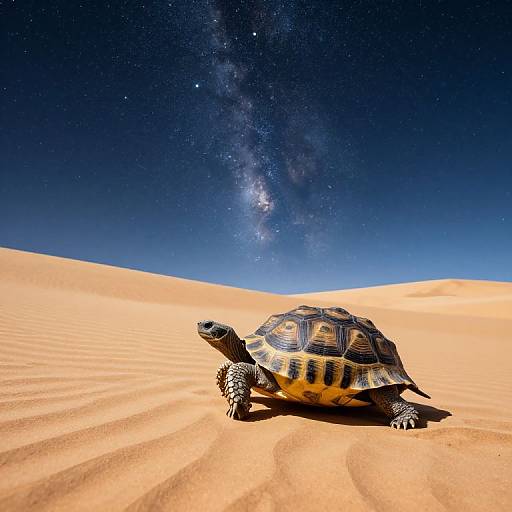 Photograph of a turtle with patterned shell on golden sand dunes under a starry night sky with visible Milky Way.