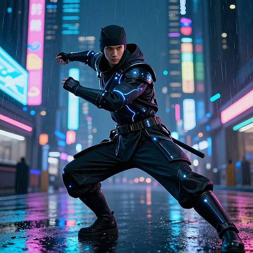 Photorealistic CGI: Neon-lit, rainy city street at night; a muscular, serious-looking man in black, glossy, futuristic armor crou