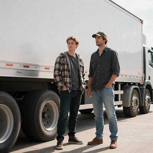 Men Beside Semi-Truck in Casual Wear
