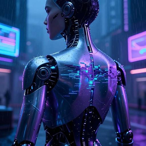 Cyborg woman in a rainy, neon-lit city street, seen from the back. Her metallic, glowing blue and purple back features intricate circuitry
