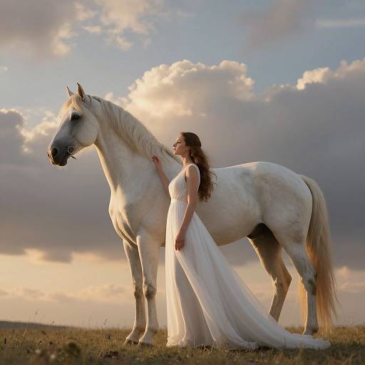Photograph of a woman in a flowing white dress standing beside a white horse, against a dramatic sunset sky with clouds.