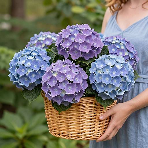 Photograph of a woman in a blue dress holding a wicker basket filled with vibrant purple and blue hydrangea flowers, green leaves, and a