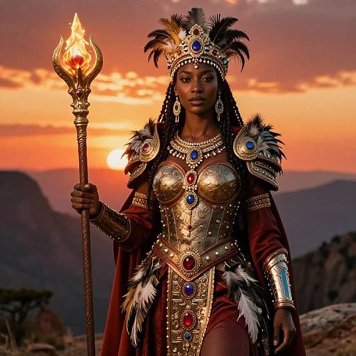 Photograph of a regal African queen in ornate gold armor and red cape, holding a flaming staff, against a vibrant sunset.