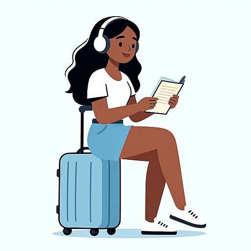 Digital illustration of a smiling Black woman with long black hair, wearing headphones, white shirt, blue skirt, white shoes, reading a paper while seated on