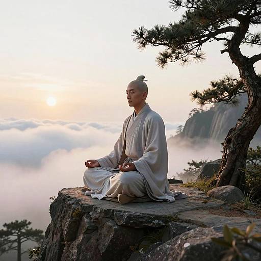 Photograph of a bald Asian man in white robes meditating on a rocky cliff at sunrise, surrounded by misty clouds and pine trees.