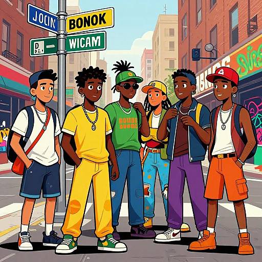 Colorful digital illustration of six diverse young men standing at a city street corner, wearing various bright, urban streetwear styles.