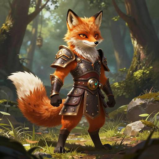Digital art of a confident, anthropomorphic red fox in medieval armor standing in a sunlit, lush forest with greenery and rocks.