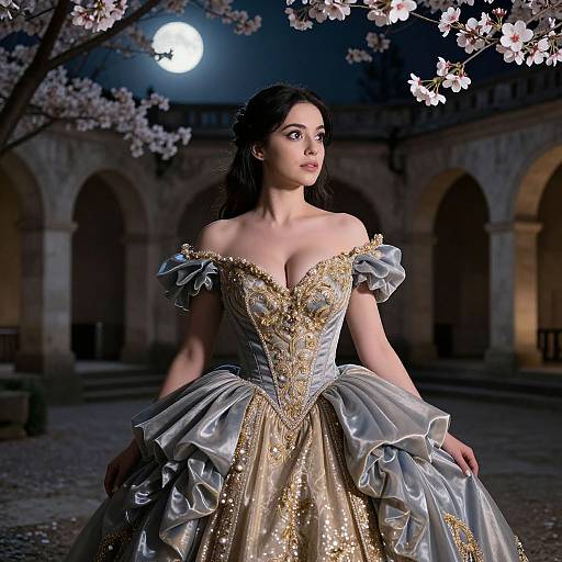 Photograph of a fair-skinned woman with dark hair in an off-shoulder, gold-embellished, silver ball gown under a moon