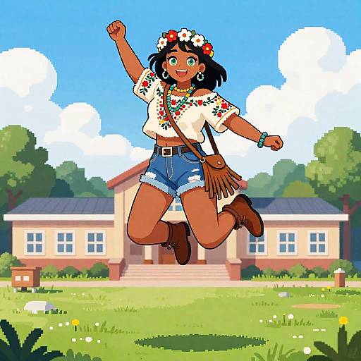 Boho Festival Pixel Girl Jumping