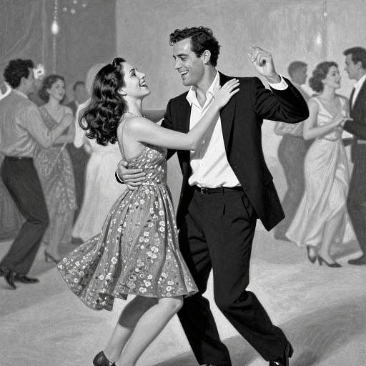 Black-and-white photograph of a laughing couple dancing in a ballroom, surrounded by other dancers in formal attire, with floral and satin dresses.