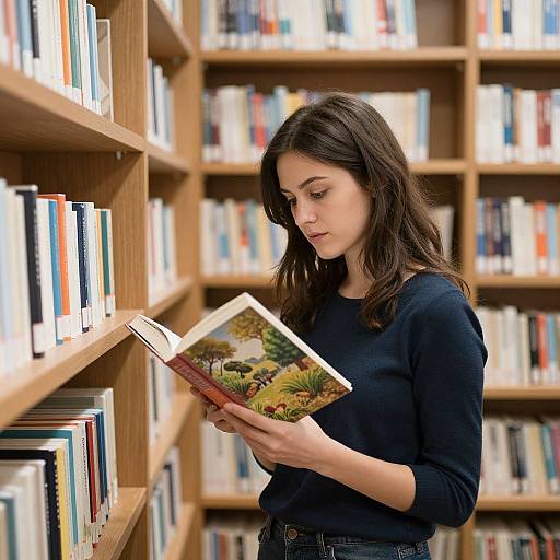 Photograph of a young woman with long brown hair, wearing a navy sweater, reading a book in a well-lit library.