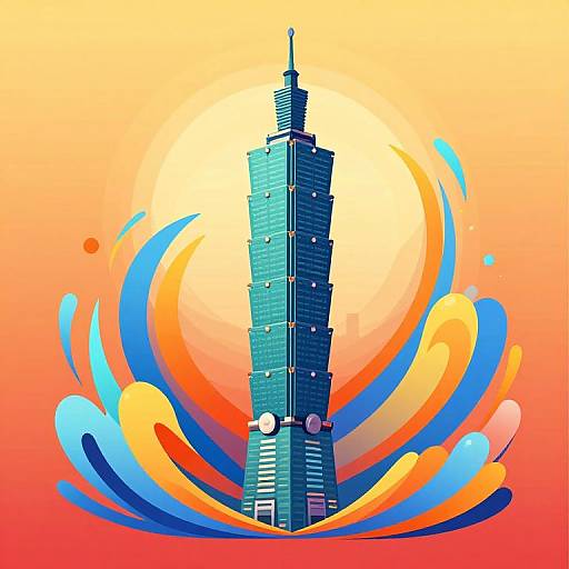 Digital illustration of a tall, blue skyscraper with a spire, surrounded by vibrant orange, blue, and yellow abstract swirls against a gradient orange