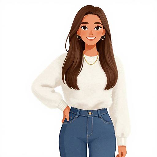 Digital illustration of a smiling woman with long brown hair, wearing a white sweater, blue high-waisted jeans, and hoop earrings.