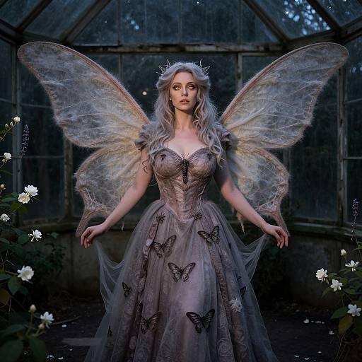 Photorealistic digital art of a fair-skinned, blonde fairy with translucent wings, wearing a lace, butterfly-adorned, lavender gown, standing