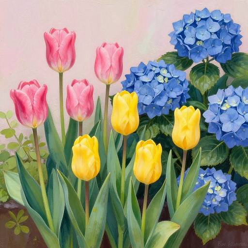 Colorful Tulips and Hydrangeas Garden