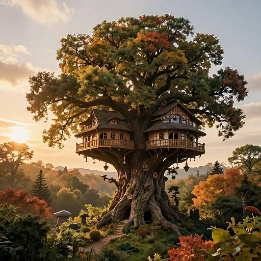 Digital artwork of a whimsical treehouse nestled in a massive, gnarled tree with autumn foliage, glowing sunset, and lush garden.