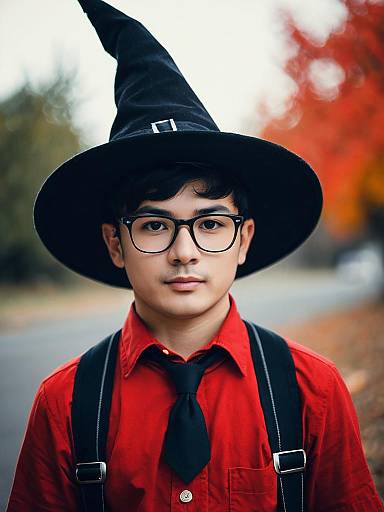 Young Man in Witch Hat and Glasses