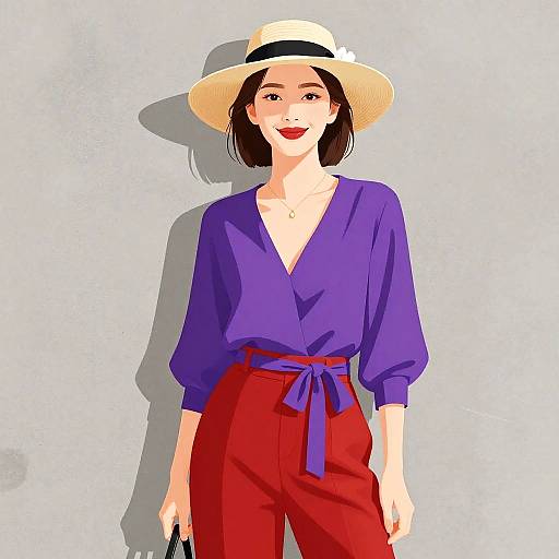 Digital illustration of a smiling woman in a purple V-neck blouse, red high-waisted pants, blue belt, and beige sunhat, holding black