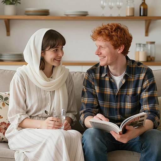 Young Couple Sitting on Couch Smiling